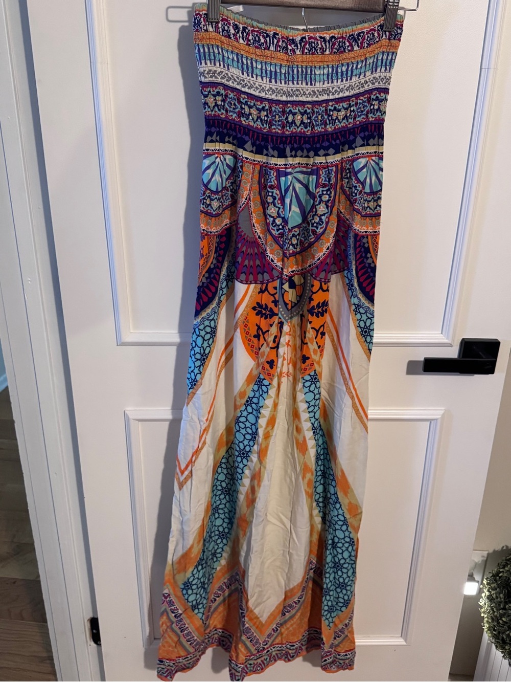 Papaya Strapless Maxi Dress in Orange, Blue & Purple